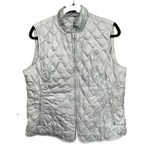 EDDIE BAUER PREMIUM GOOSE DOWN LT GRN QUILTED DOWN EMBROIDERED FLOWERS VEST SZ L